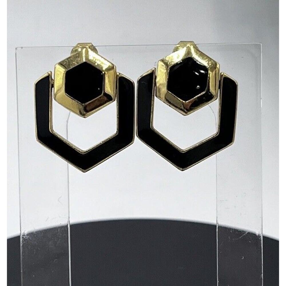 Crown Trifari Vintage Gold Tone Black Enamel Clip On Door Knocker Earrings‎